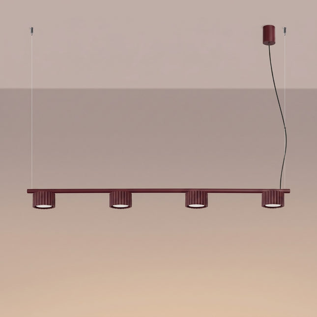 Suspension poutre 4 spots Aura bordeaux, lumière allumée