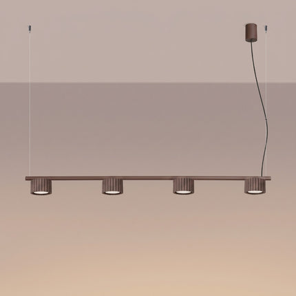 Suspension poutre 4 spots Aura brun chocolat, lumière allumée