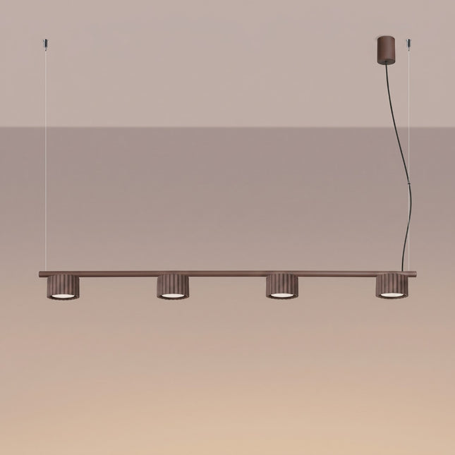 Suspension poutre 4 spots Aura brun chocolat, lumière allumée