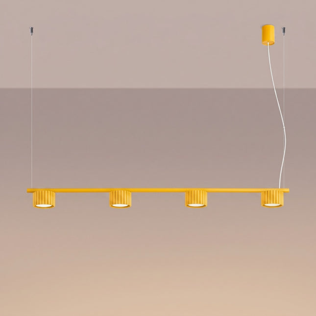 Suspension poutre 4 spots Aura jaune ambré, lumière allumée