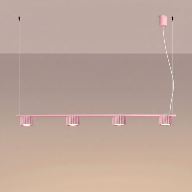 Suspension poutre 4 spots Aura rose poudré, lumière allumée