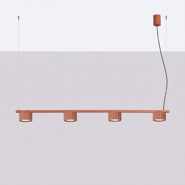Suspension poutre 4 spots Aura rouge ocre, vue en situation