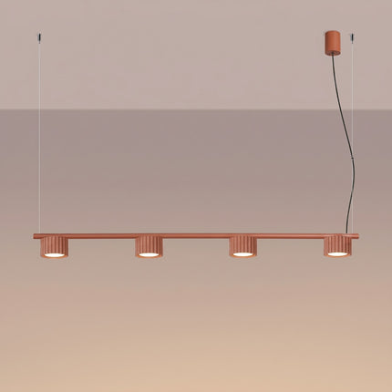 Suspension poutre 4 spots Aura rouge ocre, lumière allumée
