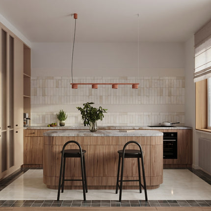 Suspension poutre 4 spots Aura rouge ocre, vue d'ambiance