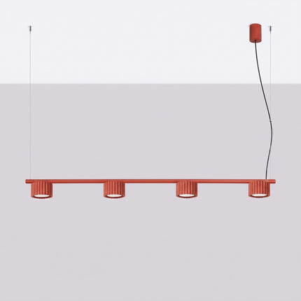 Suspension poutre 4 spots Aura rouge vif, vue en situation