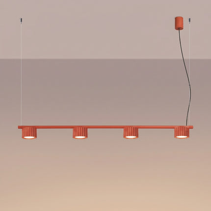 Suspension poutre 4 spots Aura rouge vif, lumière allumée
