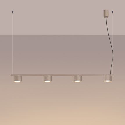 Suspension poutre 4 spots Aura taupe, lumière allumée
