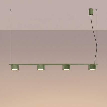 Suspension poutre 4 spots Aura vert olive, lumière allumée