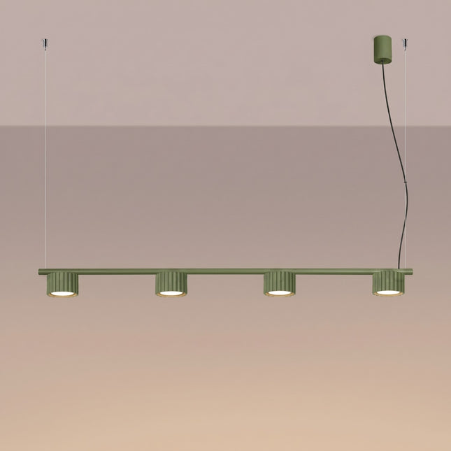 Suspension poutre 4 spots Aura vert olive, lumière allumée