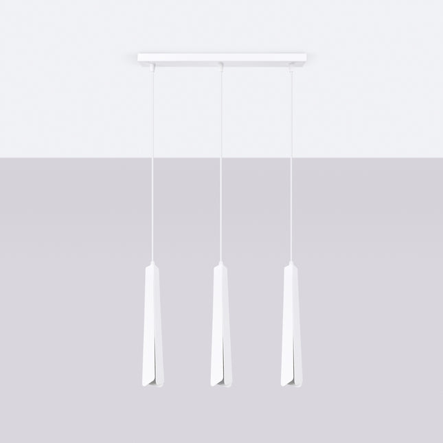 Suspension Prisme Moderne 3 en Ligne Blanche, vue de face avec son point d'accroche