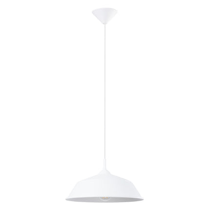Suspension Pur Frika blanc mat vue de face, ampoule allumee, évasé diffusant une lumiere douce