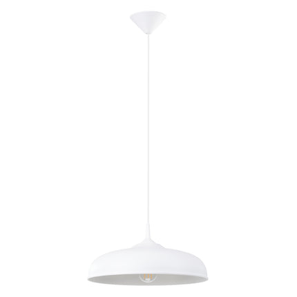 Suspension Pur Gina blanc mat vue de face, ampoule allumee, dôme diffusant une lumiere douce