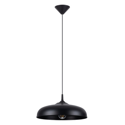 Suspension Pur Gina noir mat vue de face, ampoule allumee, dôme diffusant une lumiere douce