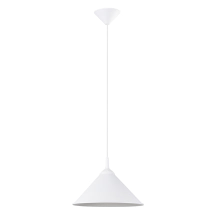 Suspension Pur Zuna blanc mat vue de face, ampoule allumee, conique diffusant une lumiere douce