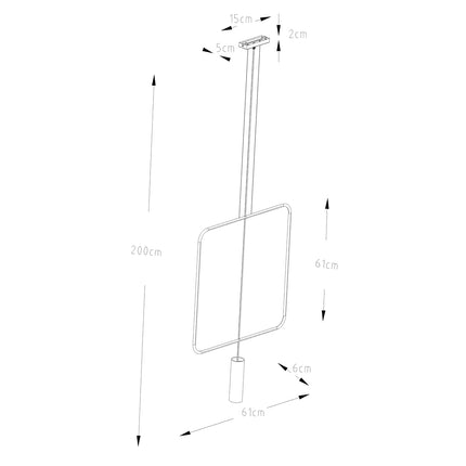 Schéma de cotes de la suspension rectangulaire filaire noire, contour 61 cm, hauteur max 175 cm