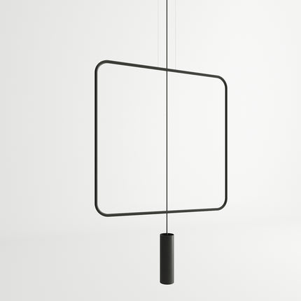 Suspension rectangulaire filaire noire à spot GU10, gros plan sur le contour arrondi en acier, fond blanc