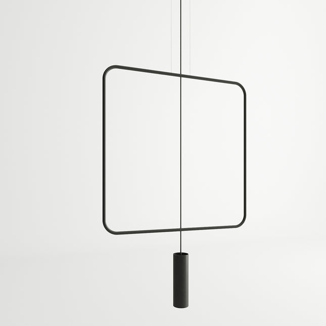 Suspension rectangulaire filaire noire à spot GU10, gros plan sur le contour arrondi en acier, fond blanc