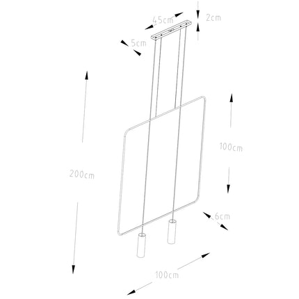 Schéma de cotes de la suspension rectangulaire filaire noire, contour 100 cm, hauteur max 200 cm