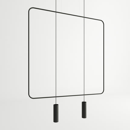 Grande suspension rectangulaire filaire noire à 2 spots GU10, gros plan sur le contour en acier, fond blanc