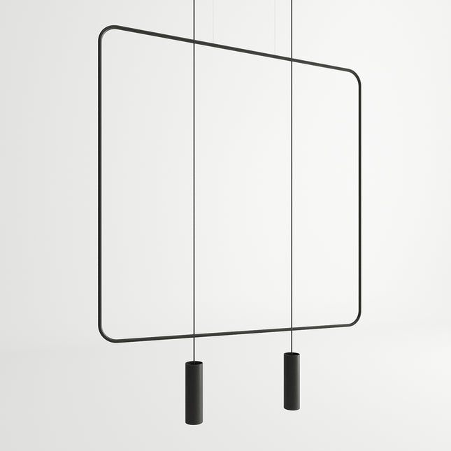 Grande suspension rectangulaire filaire noire à 2 spots GU10, gros plan sur le contour en acier, fond blanc