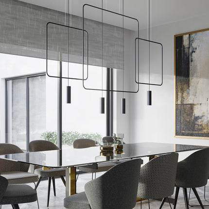 Suspensions rectangulaires filaires noires et spots GU10 dans une salle à manger design