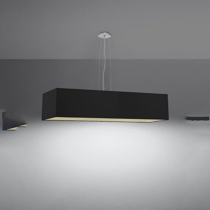 Suspension tissu noir allumée, diffuseur blanc et halo lumineux sur fond gris