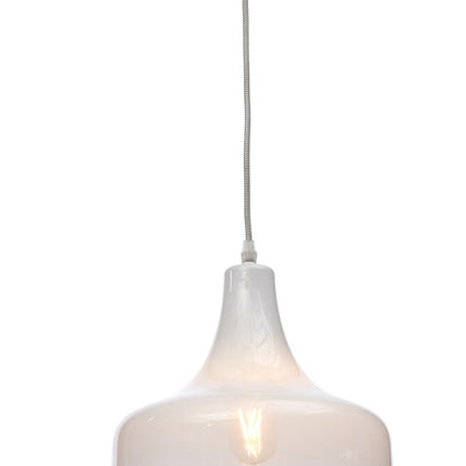 Suspension Reykjavik en verre soufflé dégradé blanc laiteux, câble textile gris et blanc, sur fond blanc
