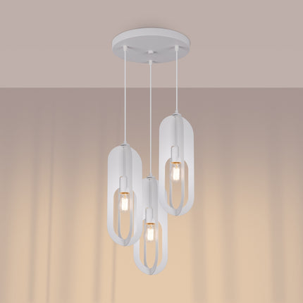 suspension ronde 3 anneaux ovales en acier blanc, lumière allumée
