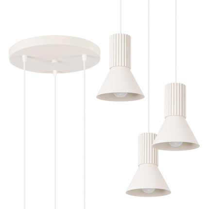 suspension ronde 3 cônes à fût cannelé beige, vue produit