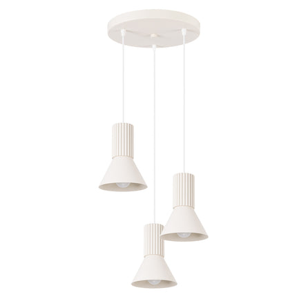 suspension ronde 3 cônes à fût cannelé beige, packshot sur fond blanc