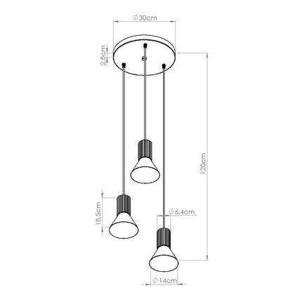 suspension ronde 3 cônes à fût cannelé beige, schéma de cotes