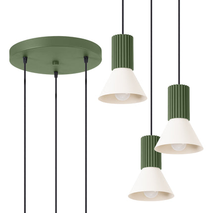 suspension ronde 3 cônes beiges à fût cannelé vert olive, vue produit