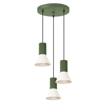 suspension ronde 3 cônes beiges à fût cannelé vert olive, packshot sur fond blanc