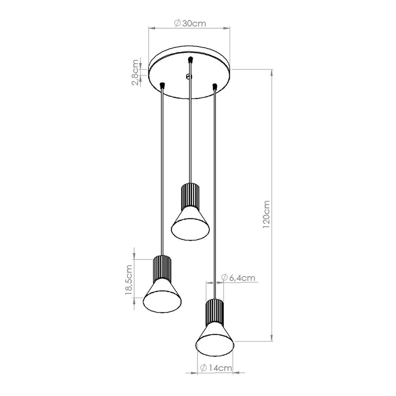 Dimensions Suspension Ronde 3 Cônes Beiges à Fût Cannelé Vert Olive