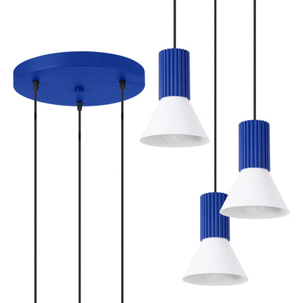 suspension ronde 3 cônes blancs à fût cannelé bleu outremer, vue produit