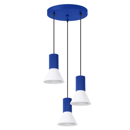 suspension ronde 3 cônes blancs à fût cannelé bleu outremer, packshot sur fond blanc