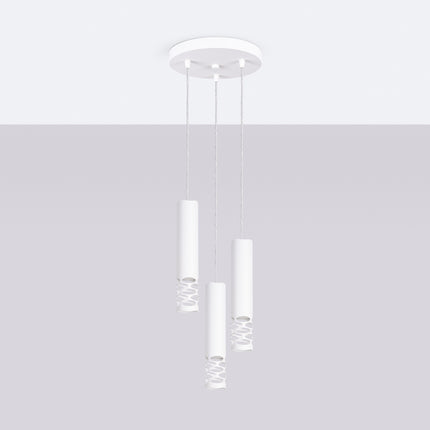 suspension ronde 3 tubes à embout ajouré entrelacé blanc, vue en situation