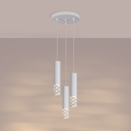 suspension ronde 3 tubes à embout ajouré entrelacé blanc, lumière allumée