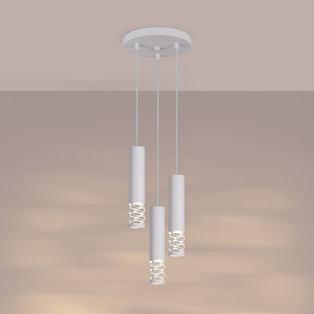 suspension ronde 3 tubes à embout ajouré entrelacé blanc, lumière allumée