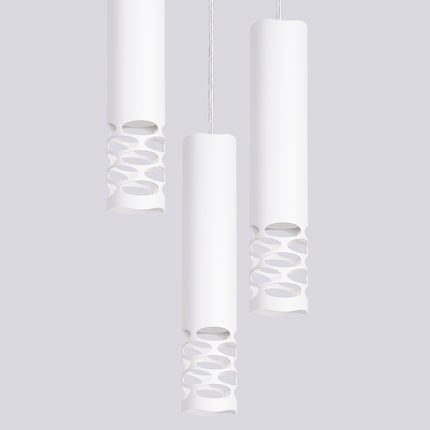 suspension ronde 3 tubes à embout ajouré entrelacé blanc, vue de détail
