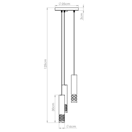 suspension ronde 3 tubes à embout ajouré entrelacé blanc, schéma de cotes