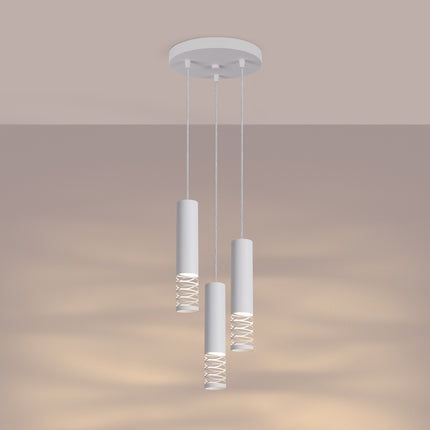 suspension ronde 3 tubes à embout ajouré spirale blanc, lumière allumée