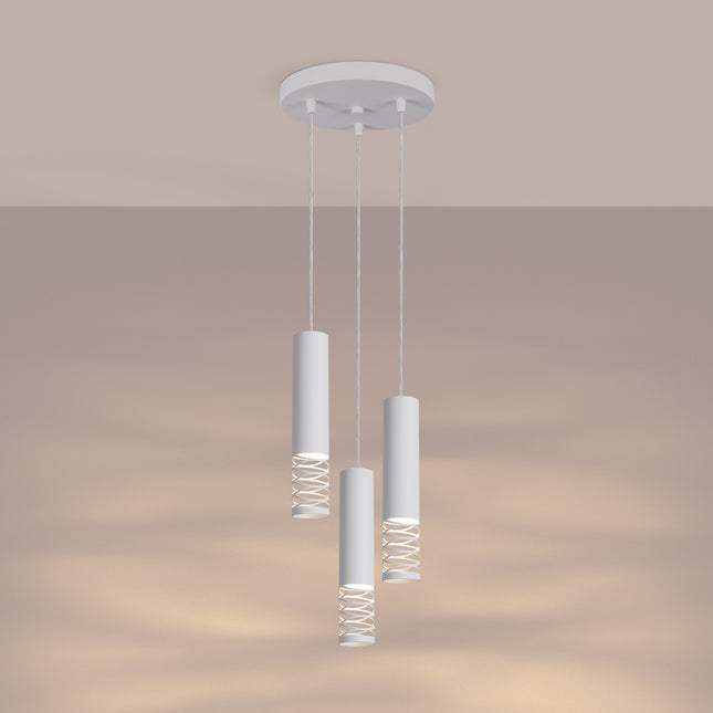 suspension ronde 3 tubes à embout ajouré spirale blanc, lumière allumée