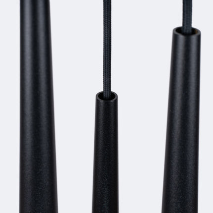suspension ronde 3 tubes coniques effilés noirs, détail de la fixation