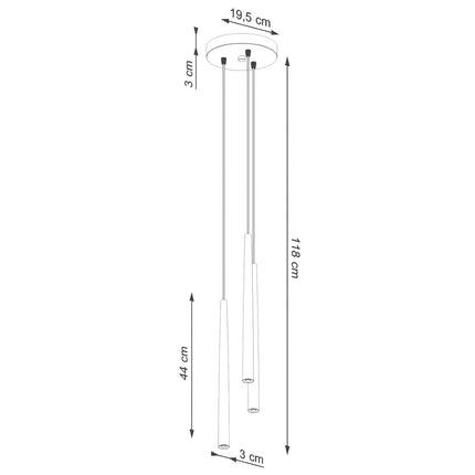 suspension ronde 3 tubes coniques effilés noirs, schéma de cotes
