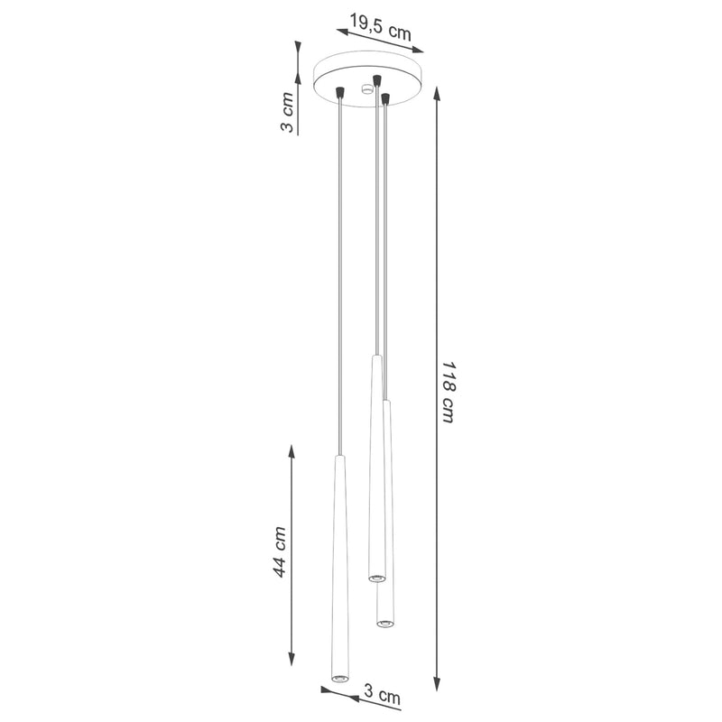 Dimensions Suspension Ronde 3 Tubes Coniques Effilés Noirs