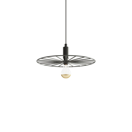 Suspension roue lumineuse 30 cm en acier noir avec ampoule à filament, sur fond blanc