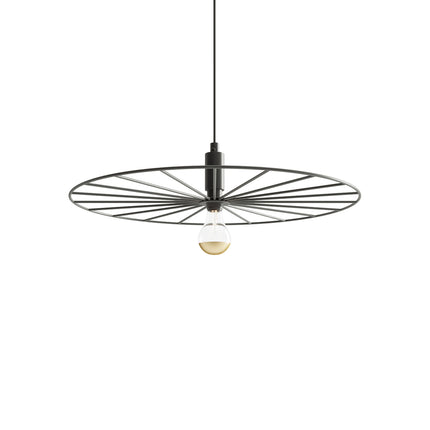 Suspension roue lumineuse 45 cm en acier noir avec ampoule à filament, sur fond blanc