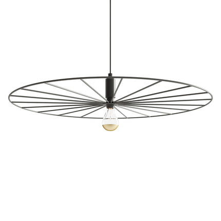 Suspension roue lumineuse 60 cm en acier noir avec ampoule à filament, sur fond blanc