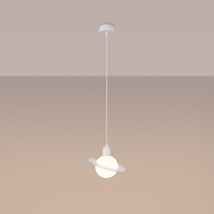 Suspension Saturne 1 Blanche, lumière allumée